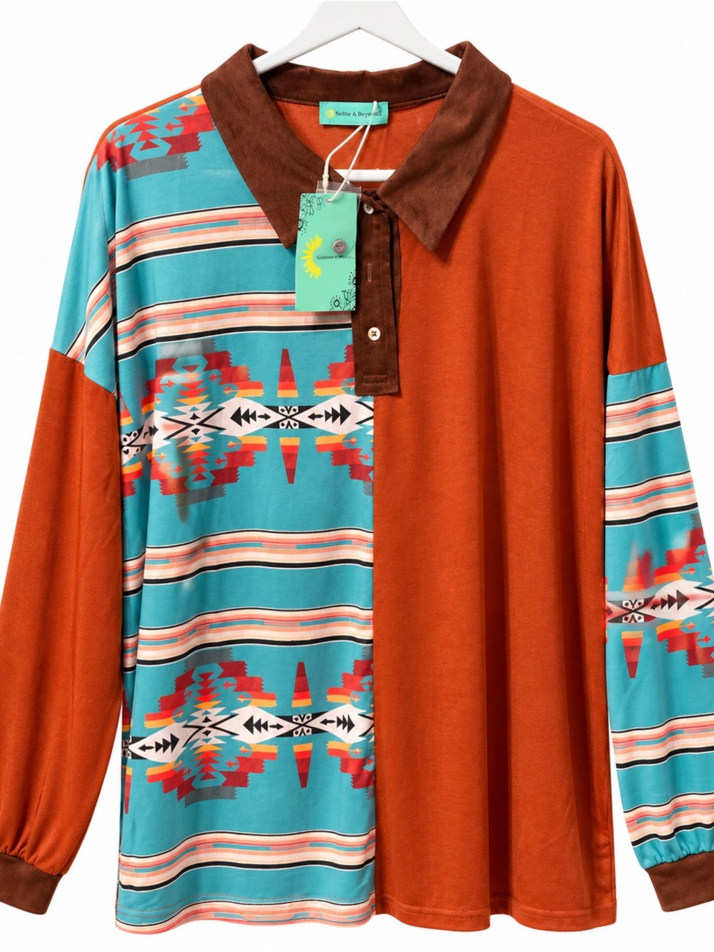Women’s Long-Sleeve Polo in Rust & Teal Southwestern Print